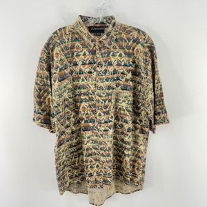 Suistudio Tan Linen Abstract Print Short Sleeve Button Up SS Shirt Men Sz L